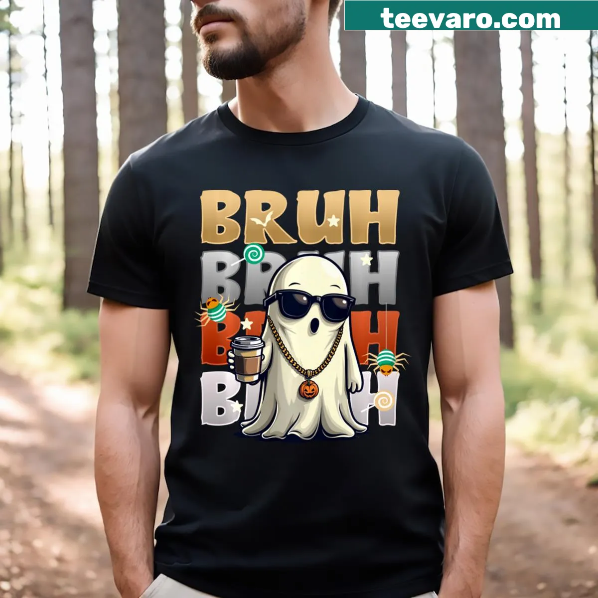 Funny Halloween t-shirt with a cartoon ghost and coffee theme. — on a men's t-shirt