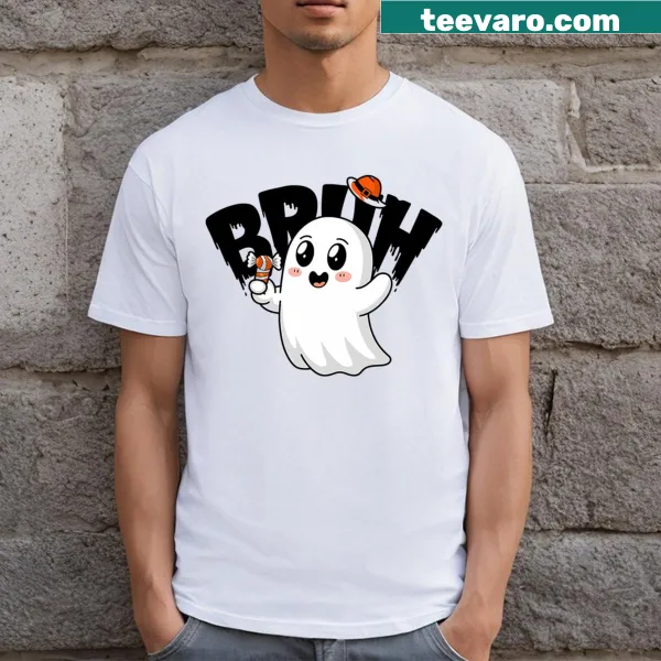 Cute cartoon Halloween t-shirt with a ghost and trick-or-treat theme for kids.