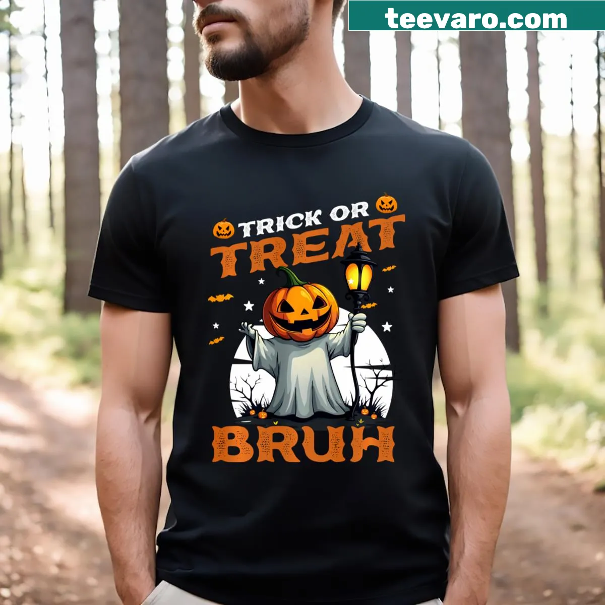 Funny T-shirt with cartoon ghost and pumpkin for Halloween — on a men's t-shirt