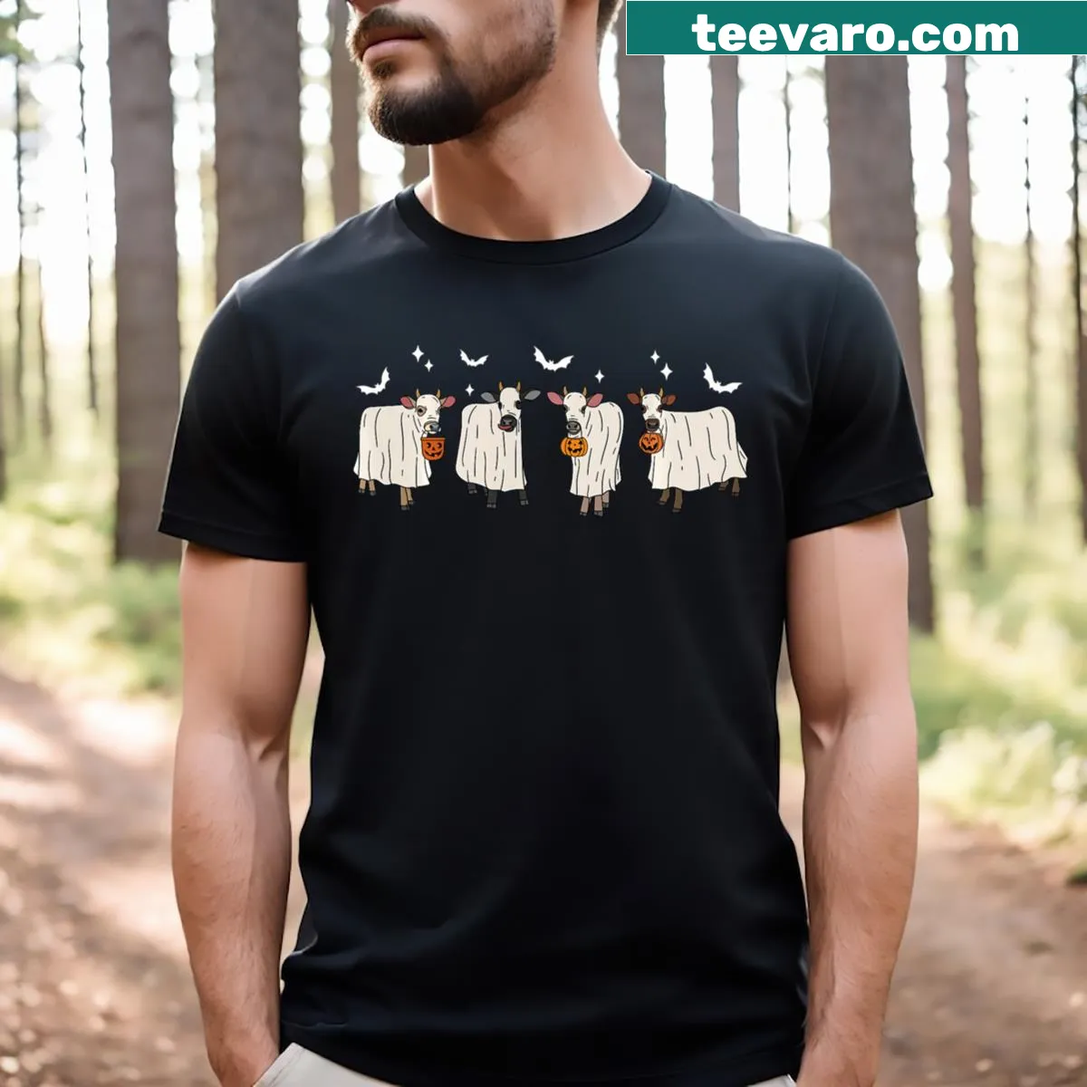 Funny Halloween t-shirt with a cartoon ghost cow and punny text. — on a men's t-shirt