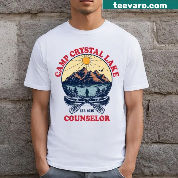 Camp Crystal Lake graphic on horror-themed T-shirt