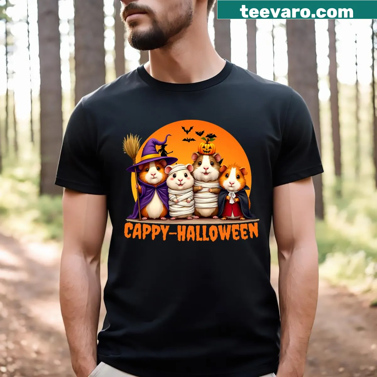 Cute Halloween capybara dressed for Halloween illustration on a t-shirt — on a men's t-shirt