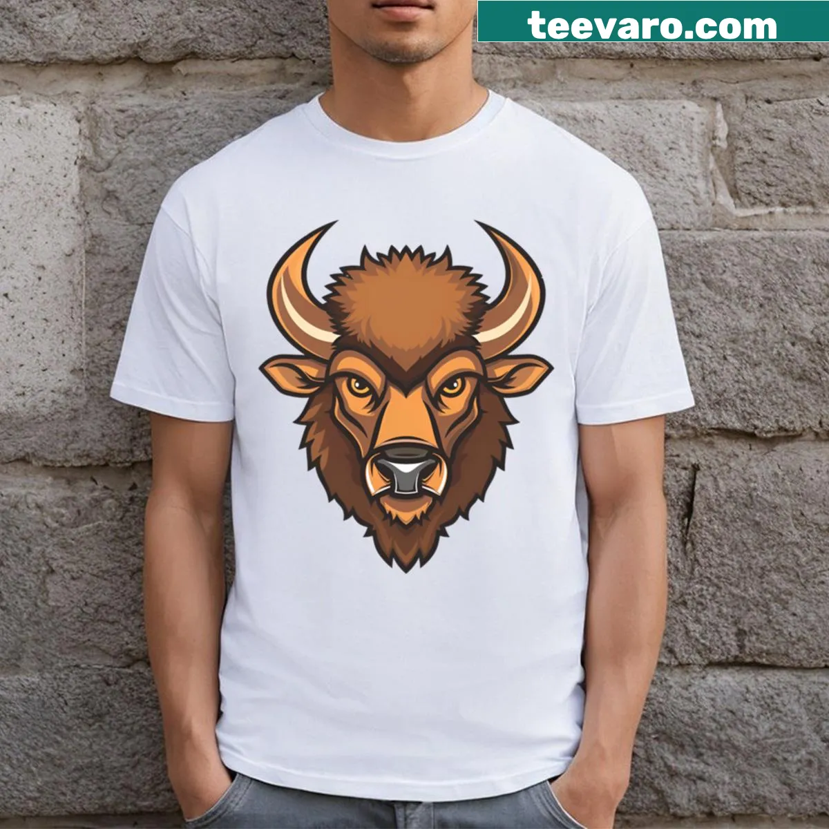 Cartoon illustration of a bison for a t-shirt design — on a men's t-shirt