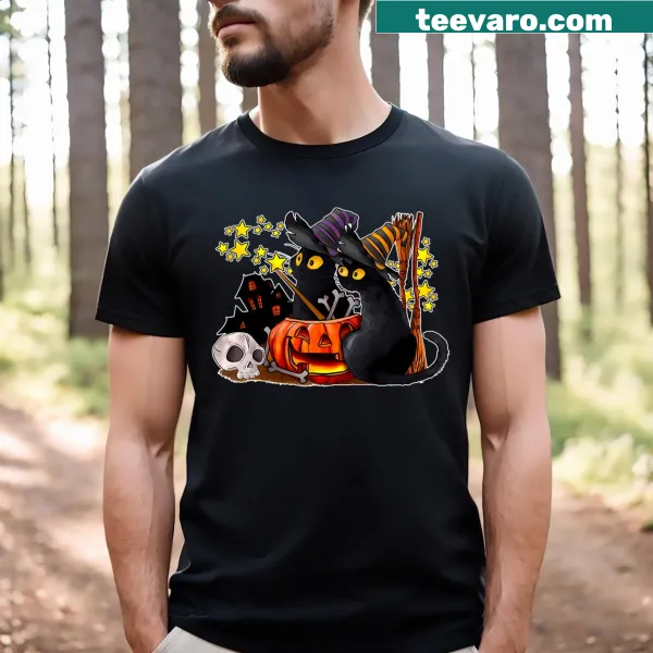 Playful ghostly black cat in witch attire on a T-shirt
