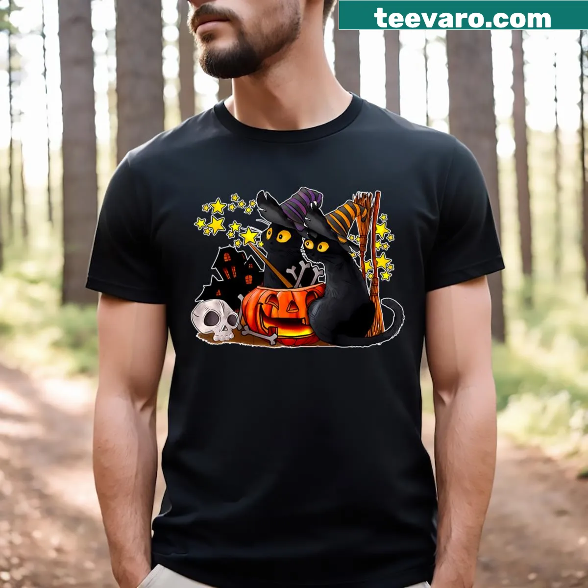 Playful ghostly black cat in witch attire on a T-shirt — on a men's t-shirt