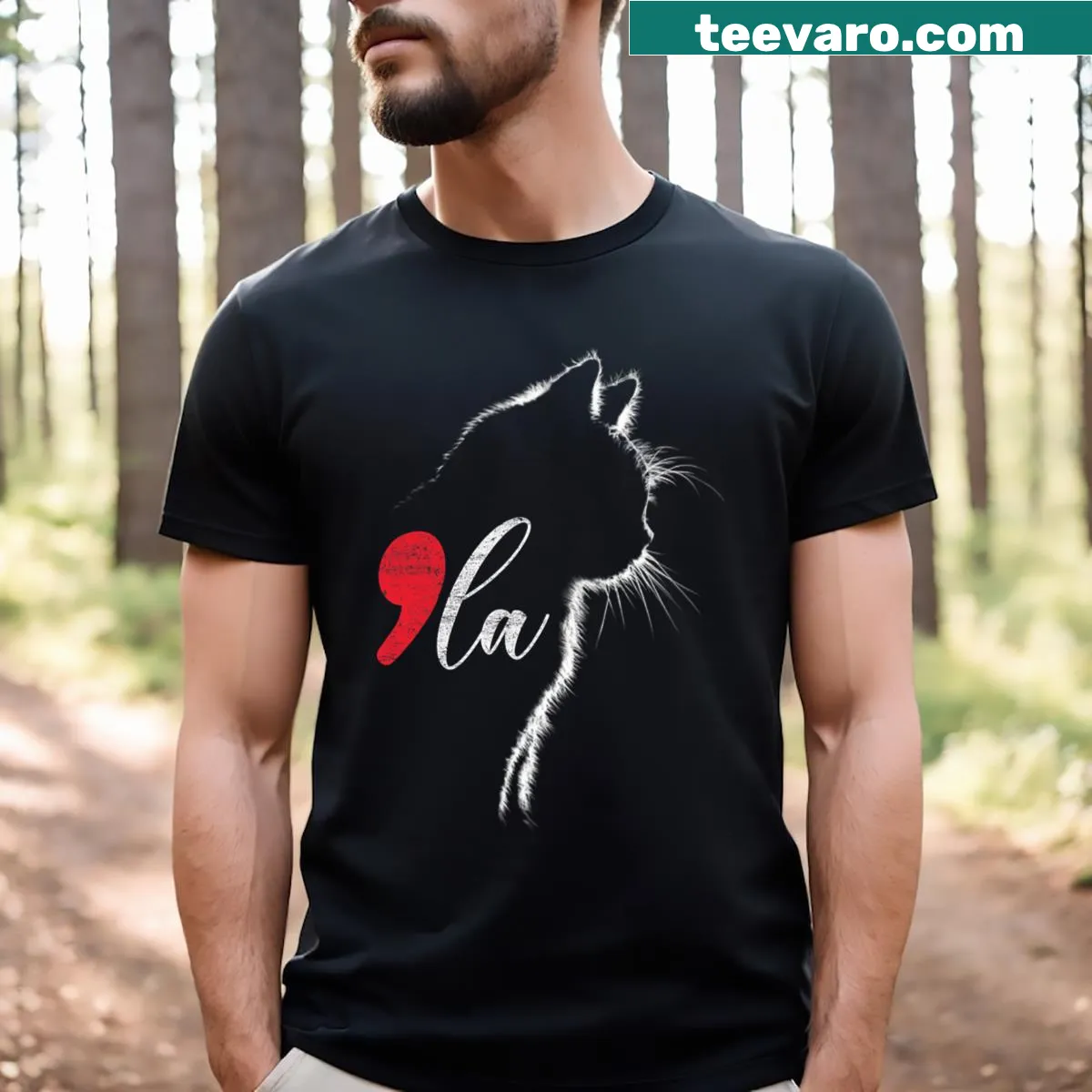 Witty cat-themed political message t-shirt — on a men's t-shirt