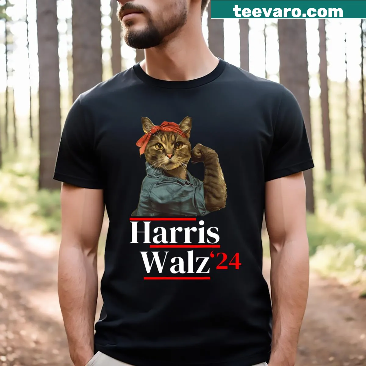 Funny cat-themed t-shirt supporting Kamala Walz 2024 — on a men's t-shirt