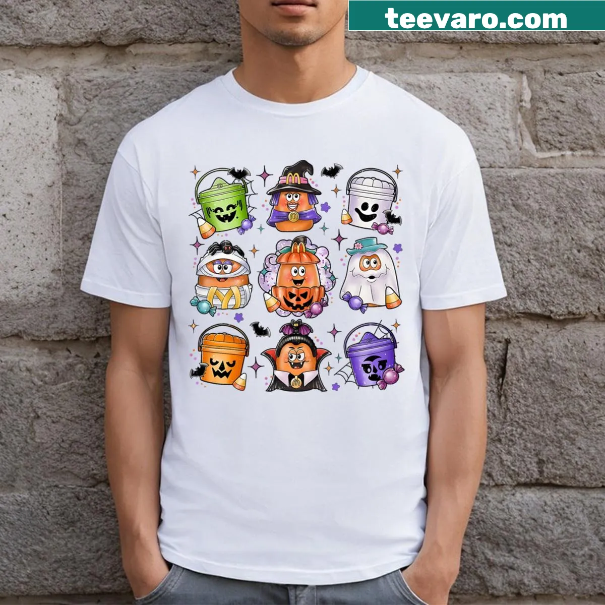 Vintage chicken nuggets and pumpkin Halloween graphic T-shirt — on a men's t-shirt