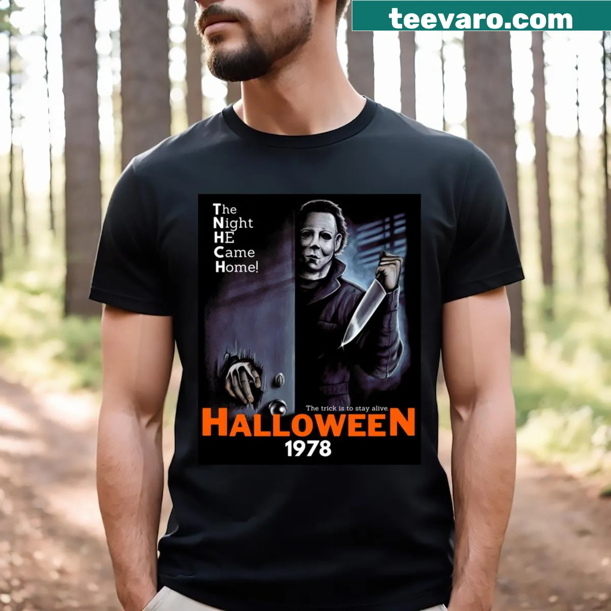 Vintage Halloween movie poster shirt with classic monster design — on a men's t-shirt