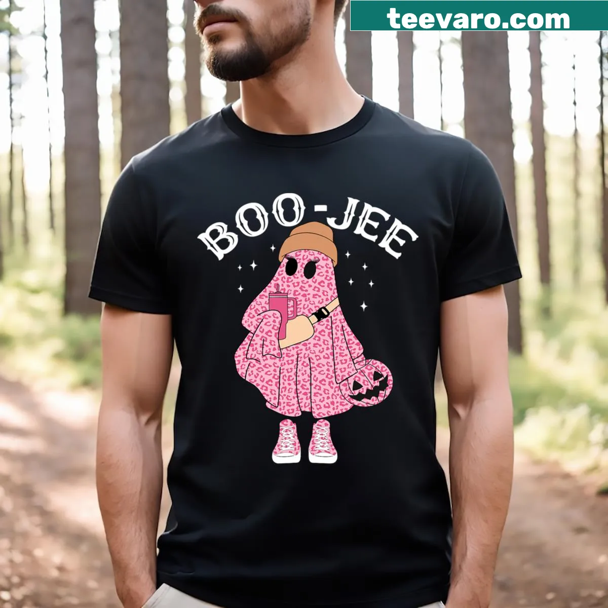 Cute ghost T-shirt for coffee lovers celebrating Halloween — on a men's t-shirt
