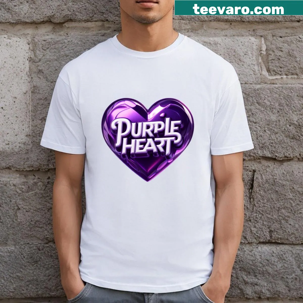 Minimalist 3D purple heart illustration on t-shirt — on a men's t-shirt