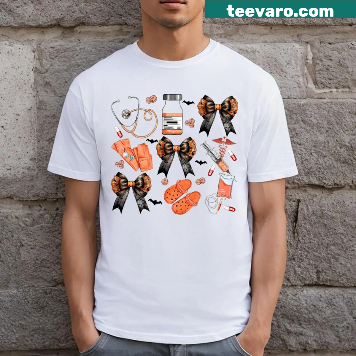 Halloween-themed shirt for nurses with a playful design and bow — on a men's t-shirt