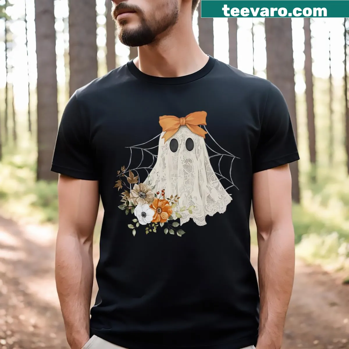 Cute Halloween T-shirt with a flower ghost and coquette bow design — on a men's t-shirt