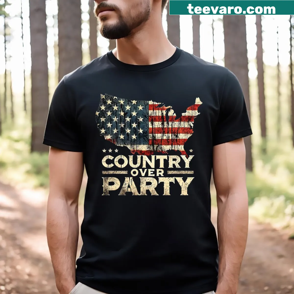 Distressed T-shirt featuring the USA flag and patriotic message — on a men's t-shirt