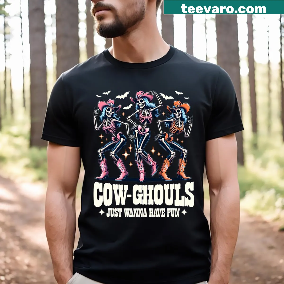 Humorous T-shirt with cow ghouls design for Halloween fun — on a men's t-shirt