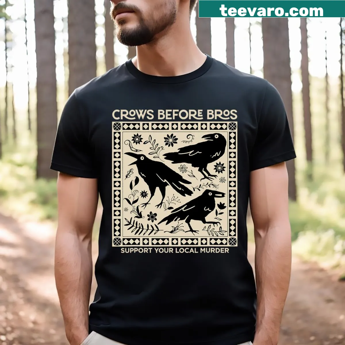 Funny T-shirt with crows and humorous text — on a men's t-shirt