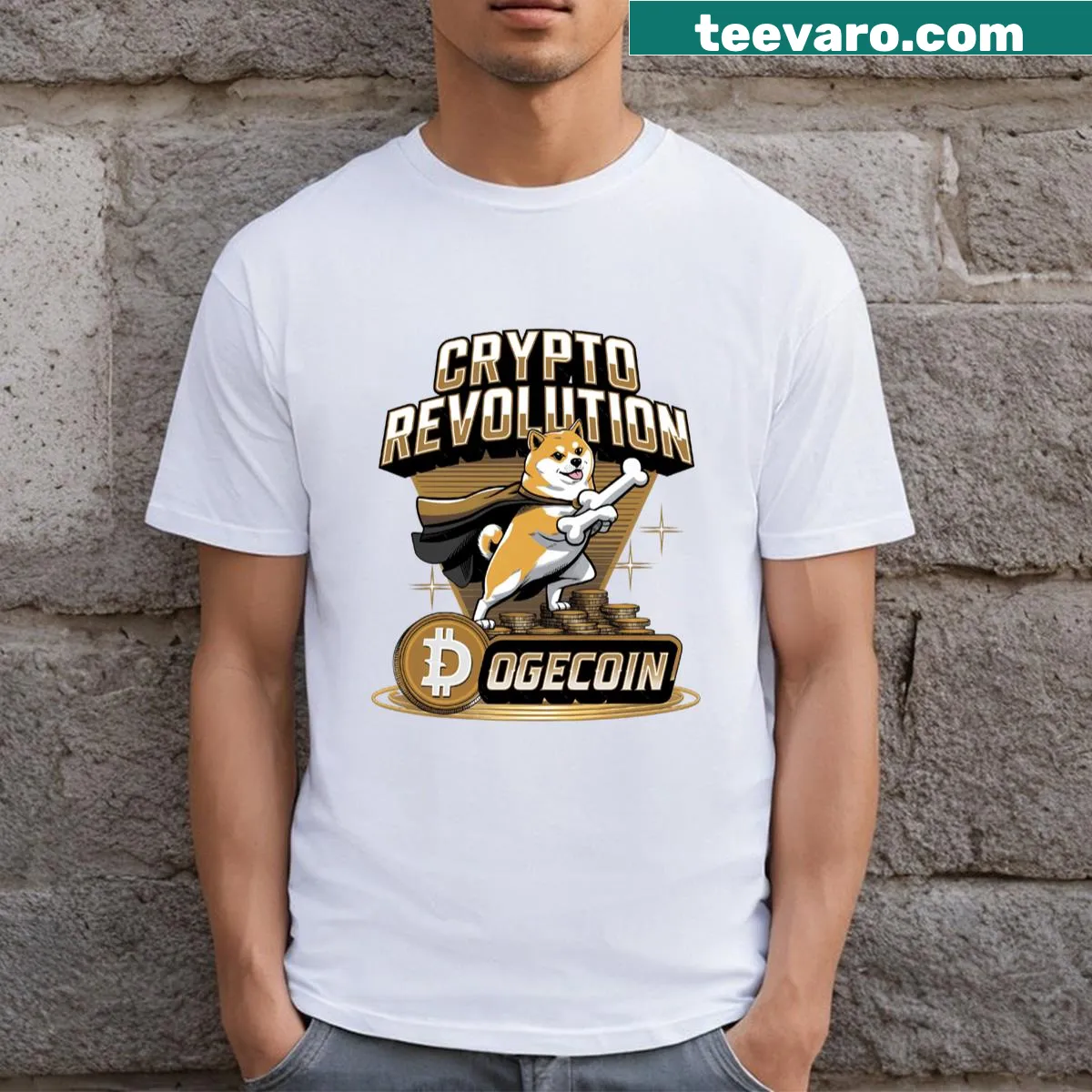 Fun Dogecoin design T-shirt celebrating cryptocurrency — on a men's t-shirt