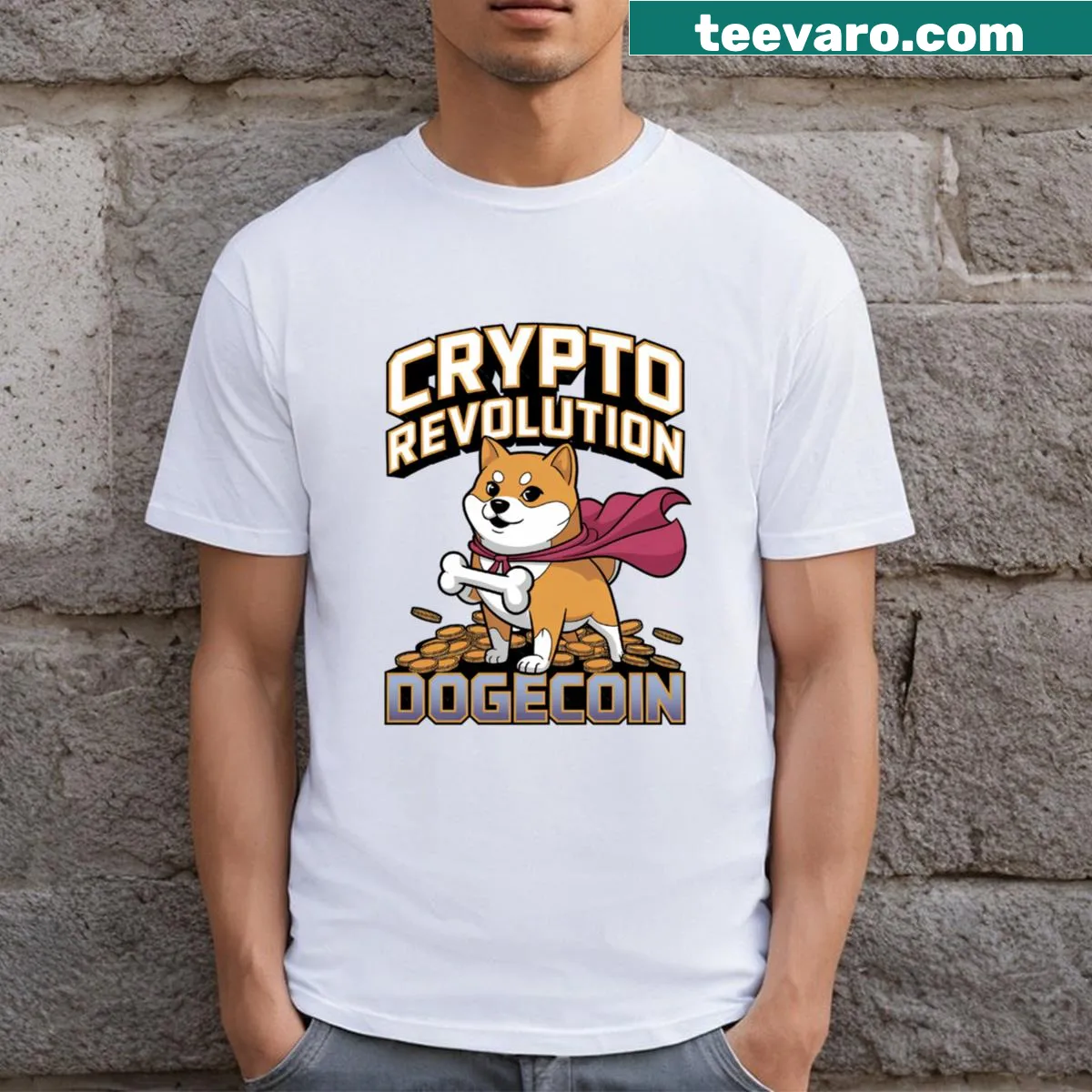 Bold typography graphic for cryptocurrency revolution on a t-shirt — on a men's t-shirt