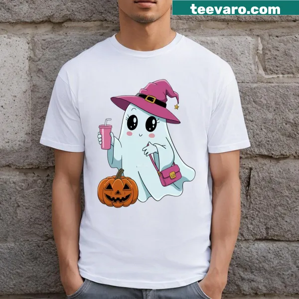 Cute ghost and pumpkin illustration on Halloween t-shirt