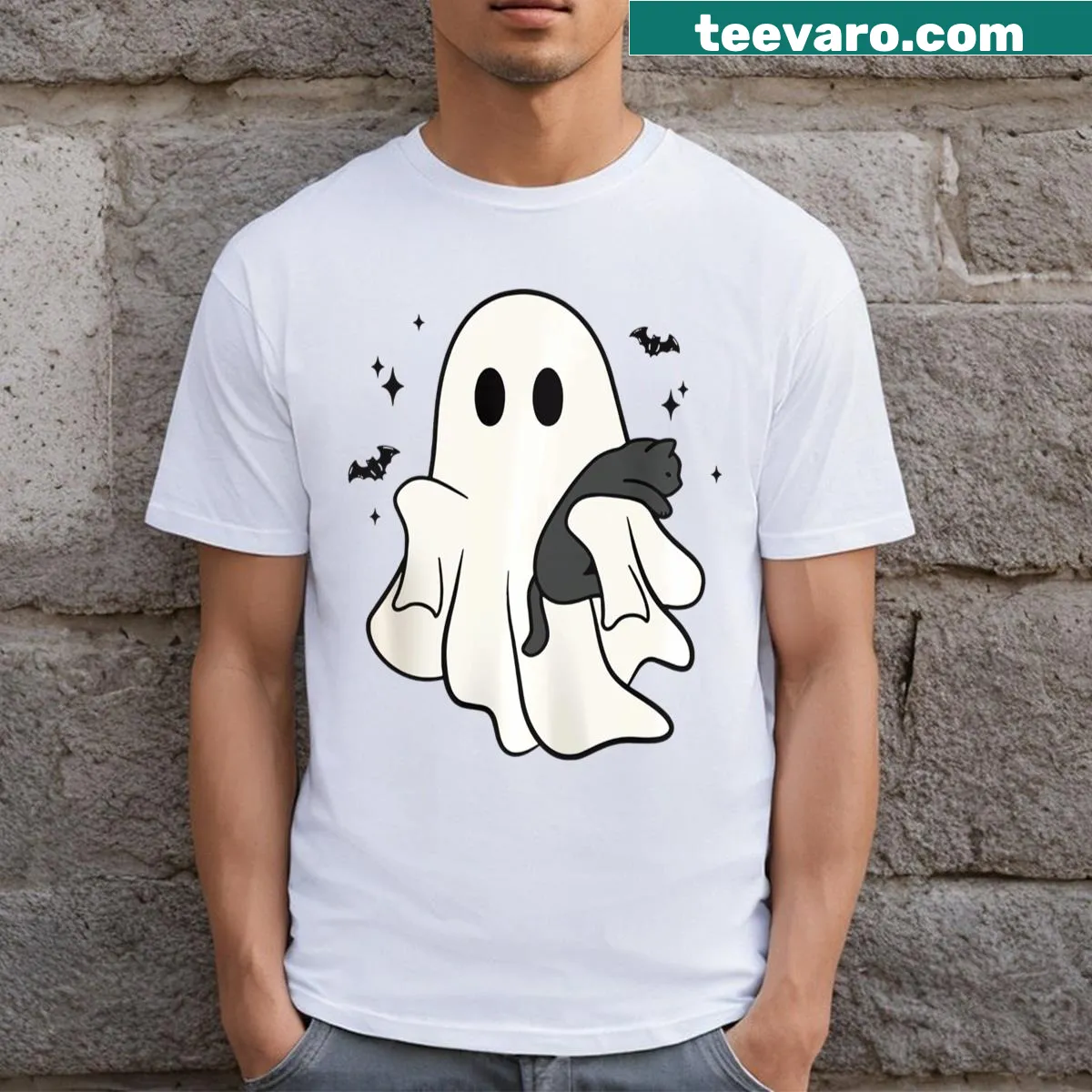 Cute Halloween T-shirt with a ghost and black cats — on a men's t-shirt