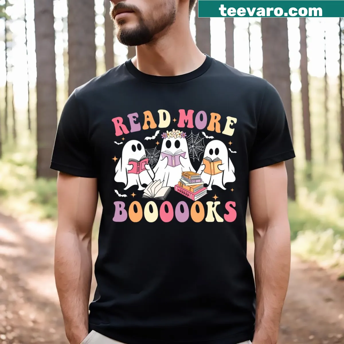 Funny ghost promoting reading on a Halloween T-shirt. — on a men's t-shirt