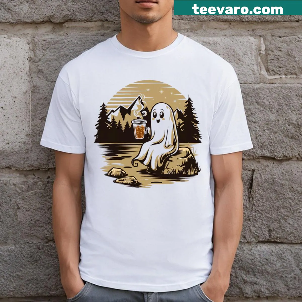Ghost holding an iced coffee in a fun Halloween design — on a men's t-shirt