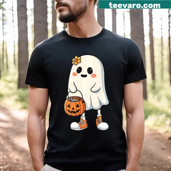 Cute ghost with candy and pumpkins in Halloween design.