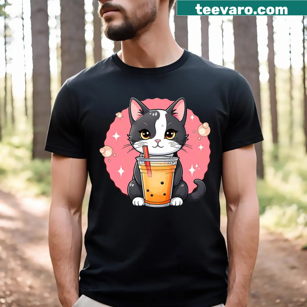 Kawaii tuxedo cat with boba tea illustration on t-shirt — on a men's t-shirt