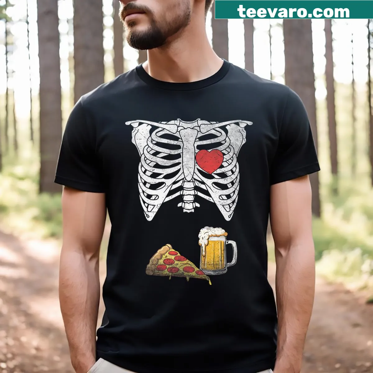 Funny Halloween t-shirt featuring a skeleton dad with pizza and beer — on a men's t-shirt