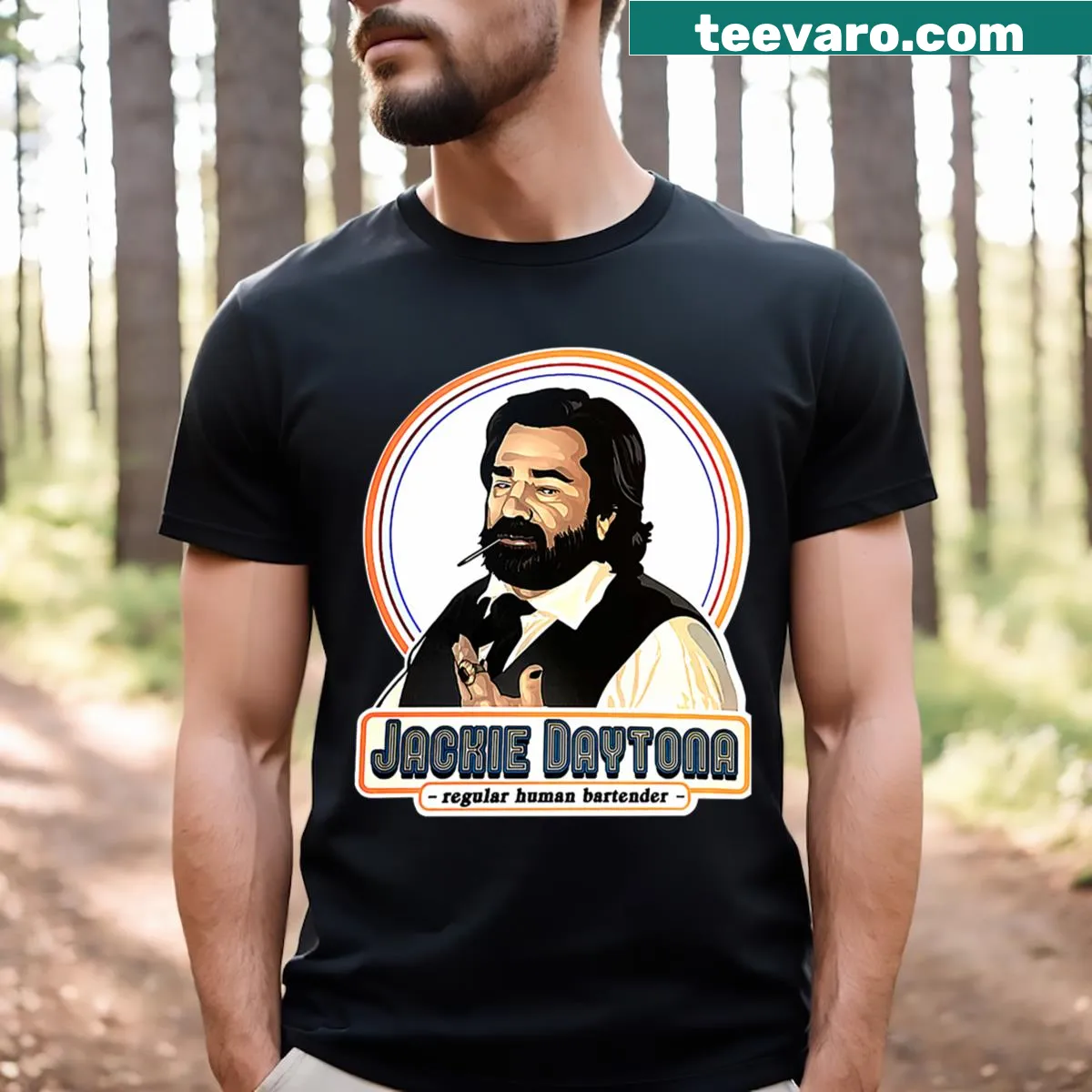 Daytona Jackie cartoon smoking design t-shirt — on a men's t-shirt