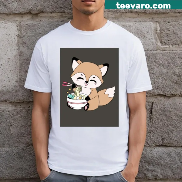 Charming illustration T-shirt of dogs happily eating ramen for a fun touch.