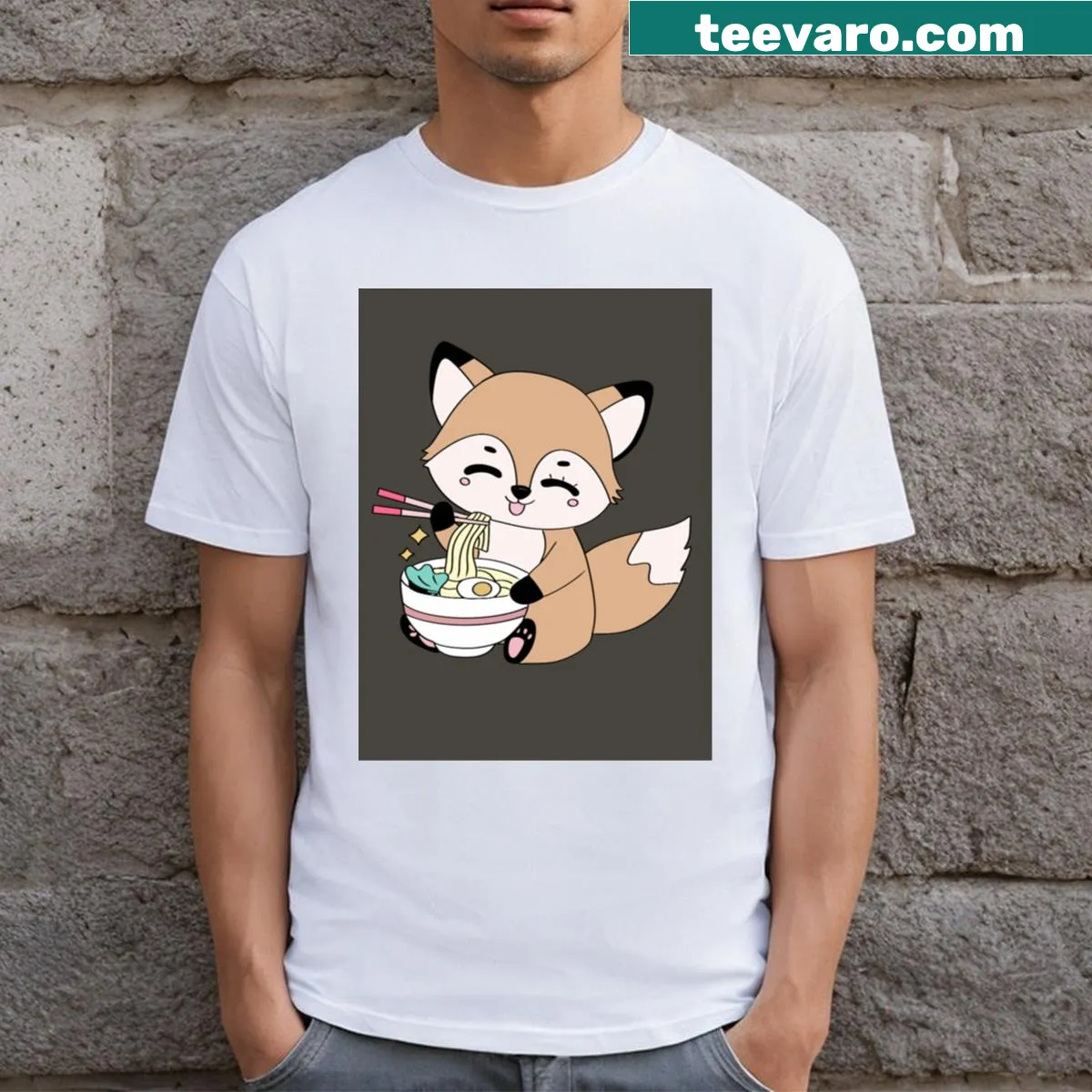 Charming illustration T-shirt of dogs happily eating ramen for a fun touch. — on a men's t-shirt