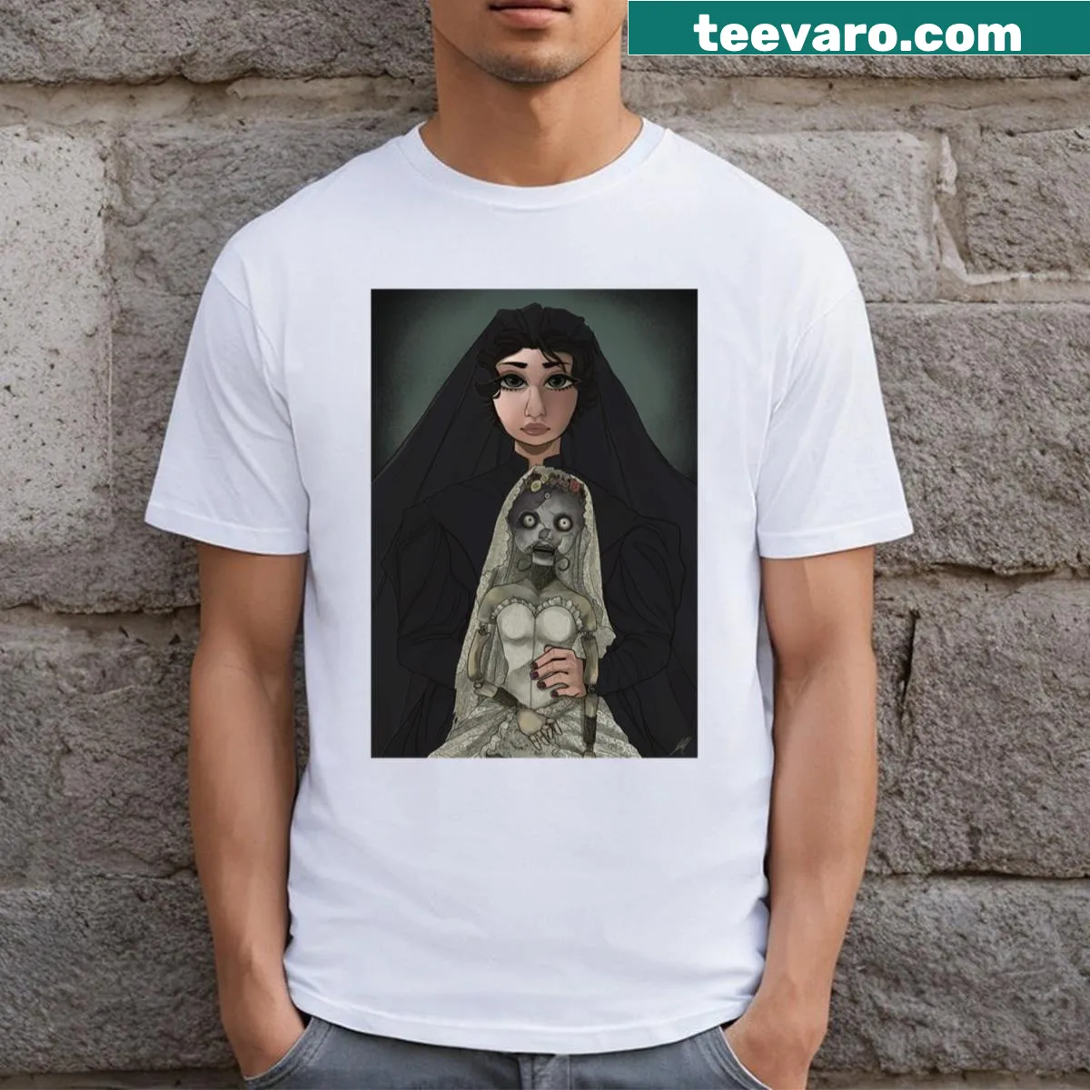 Whimsical T-shirt featuring an illustration inspired by Donna Beneviento for horror fans. — on a men's t-shirt