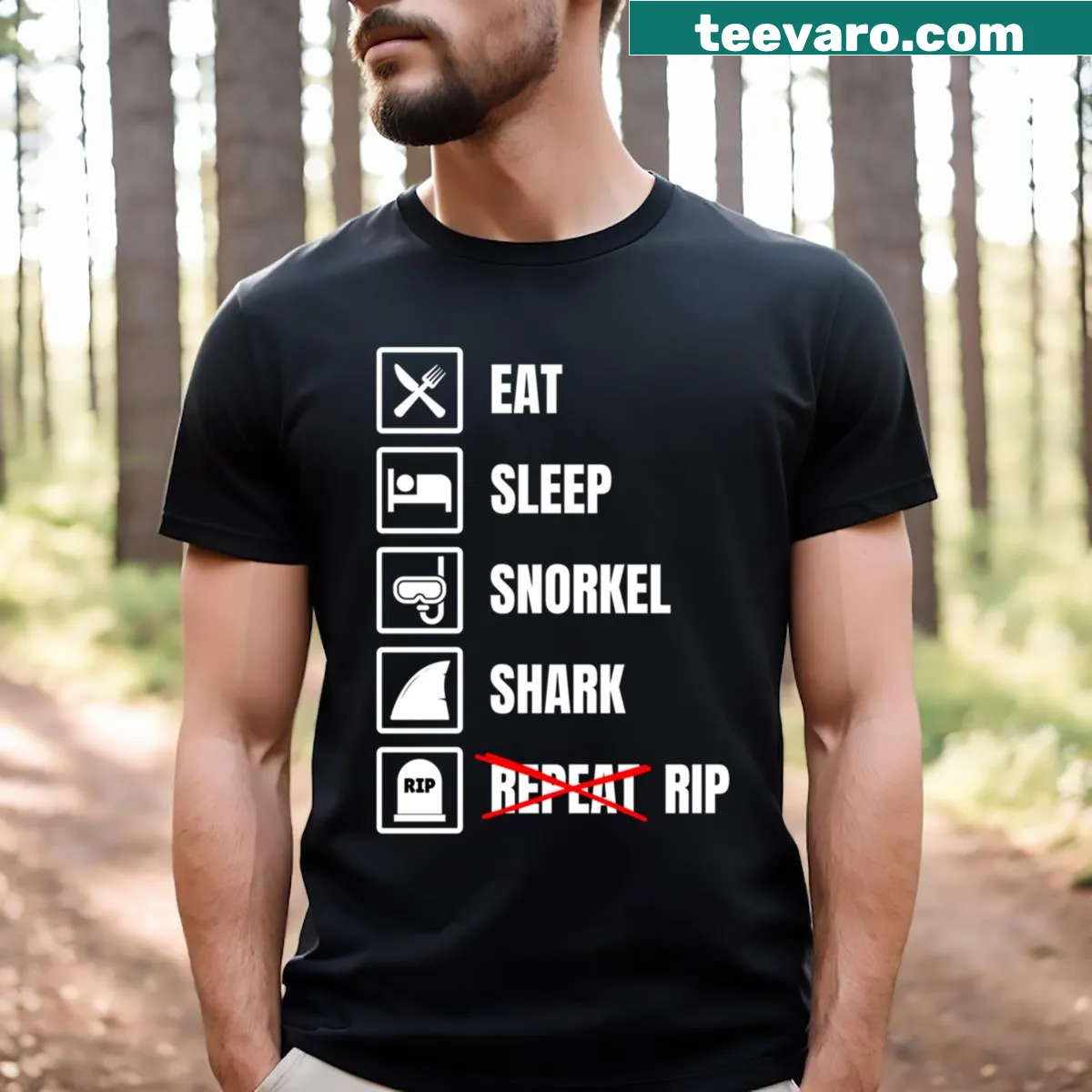 Eat Sleep Snorkel Shark Rip humorous graphic T-shirt — on a men's t-shirt