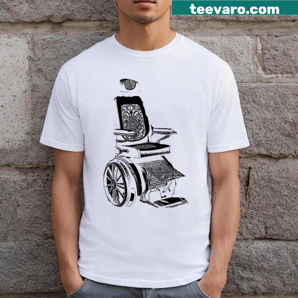 Art Deco inspired Electric Wheelchair t-shirt with line-art design — on a men's t-shirt