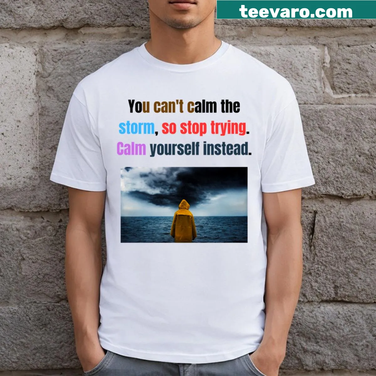 Inspirational typography t-shirt with the phrase 'Embrace The Chaos' — on a men's t-shirt