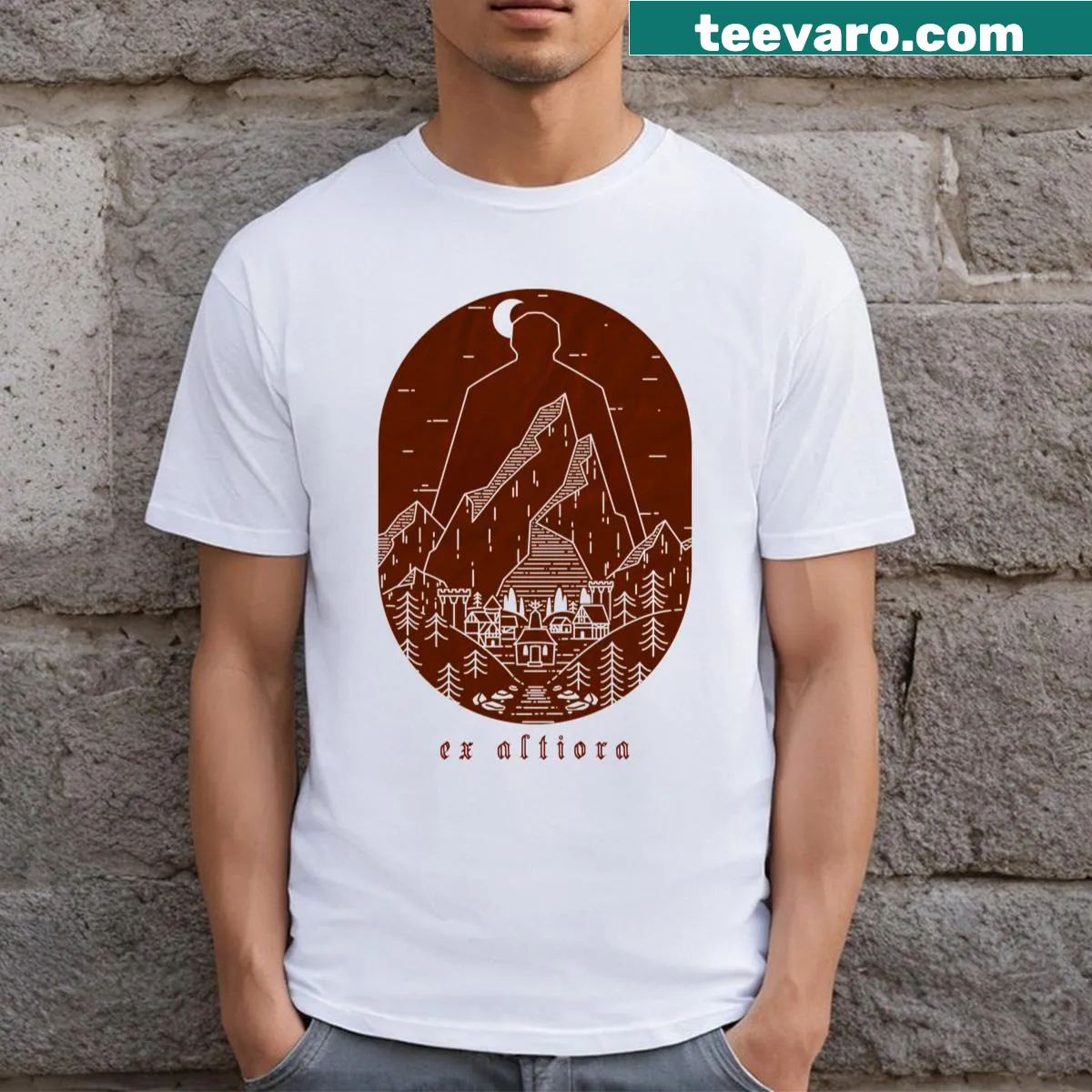 Typography Ex Altiora cover t-shirt with motivational design — on a men's t-shirt