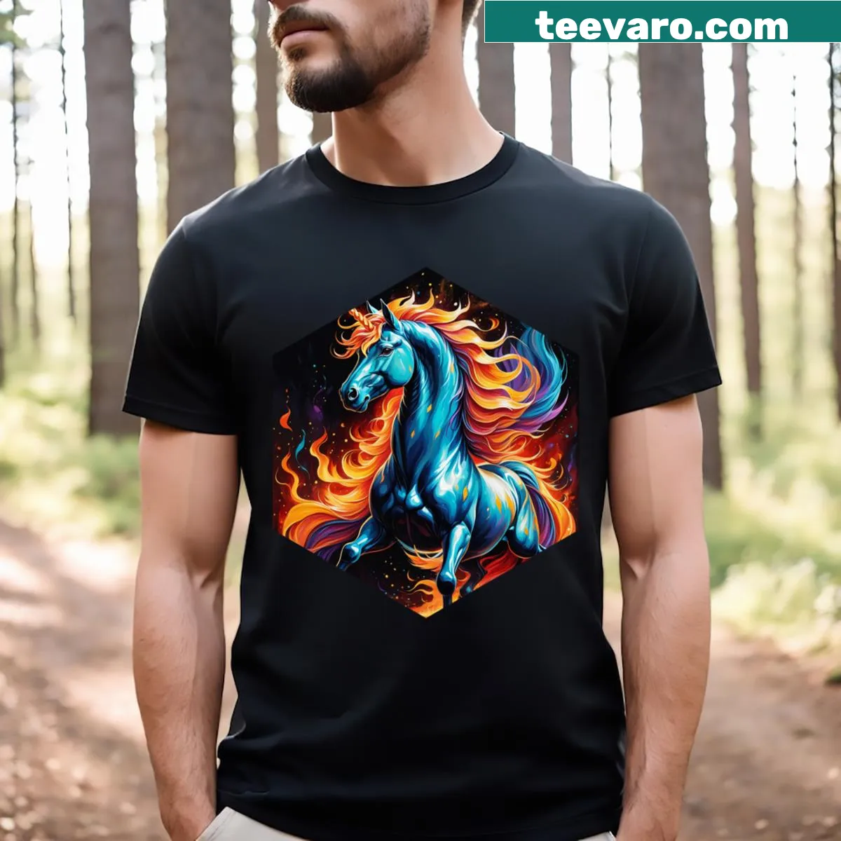 Fire breathing unicorn T-shirt with whimsical design — on a men's t-shirt