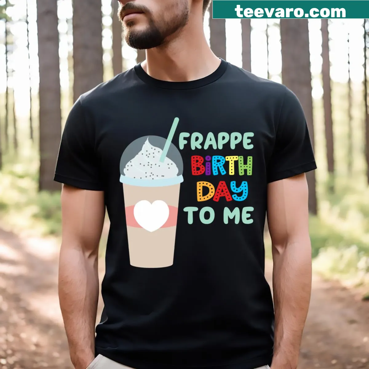 Birthday T-shirt featuring a fun coffee beverage graphic — on a men's t-shirt