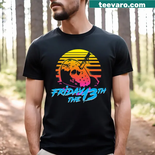 Funny Friday the 13th themed t-shirt with horror elements and playful text.