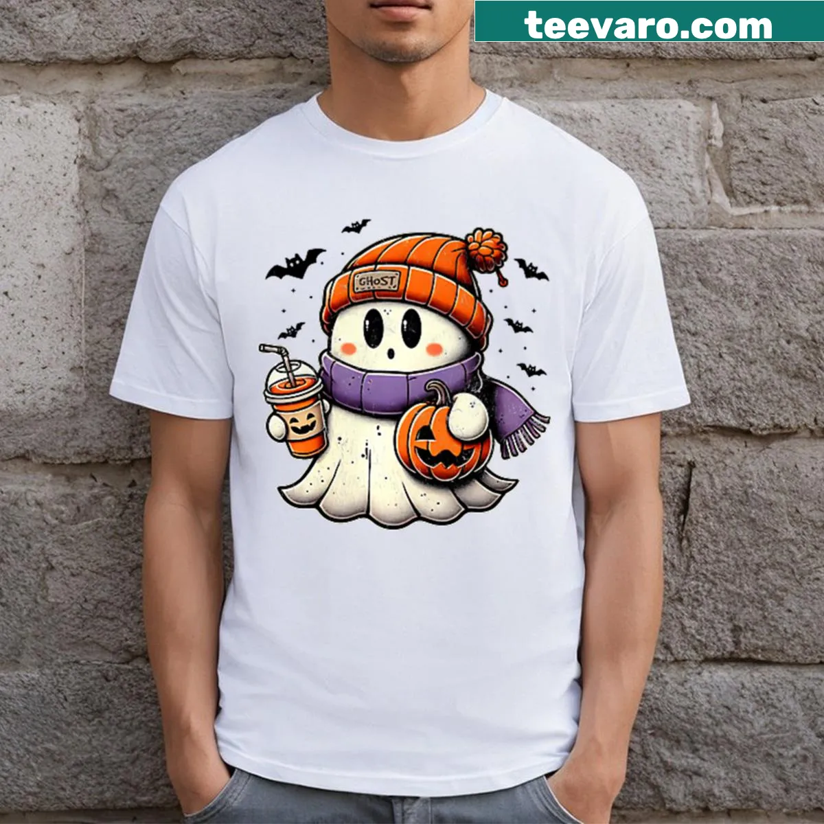 Cute ghost and pumpkin graphic for Halloween teacher's T-shirt — on a men's t-shirt