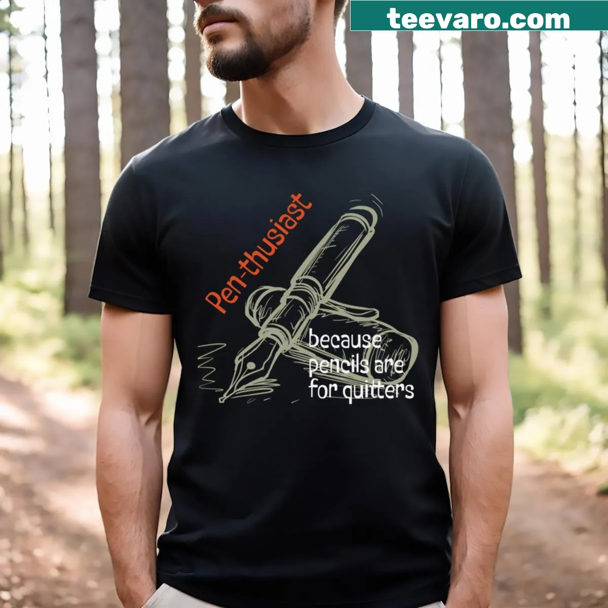 Humorous calligraphy-themed t-shirt with a fountain pen design and clever saying. — on a men's t-shirt