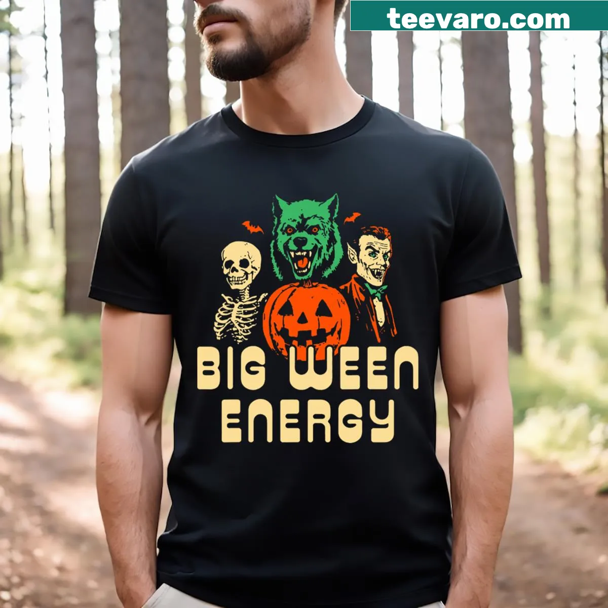 Humorous Halloween-themed t-shirt with playful text about Big Ween Energy. — on a men's t-shirt