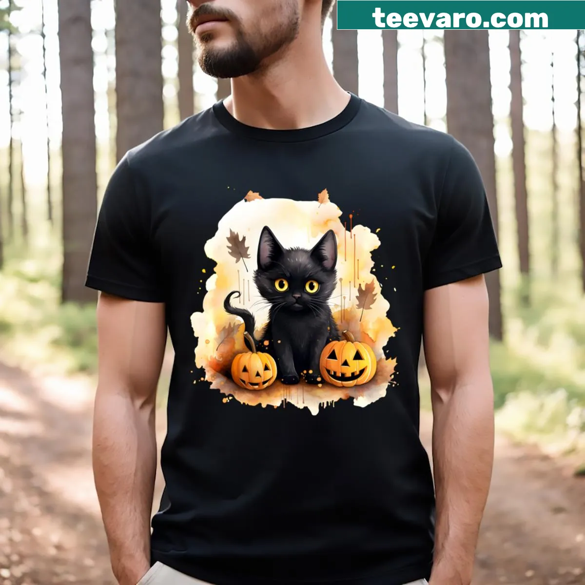Cute Halloween cat t-shirt with playful Halloween accessories — on a men's t-shirt