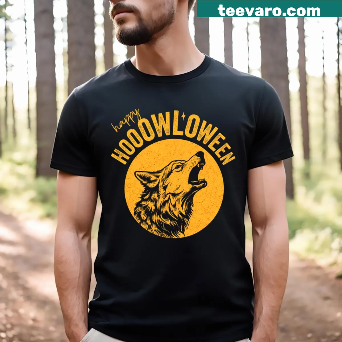 Illustration of a wolf howling at the moon for Halloween — on a men's t-shirt