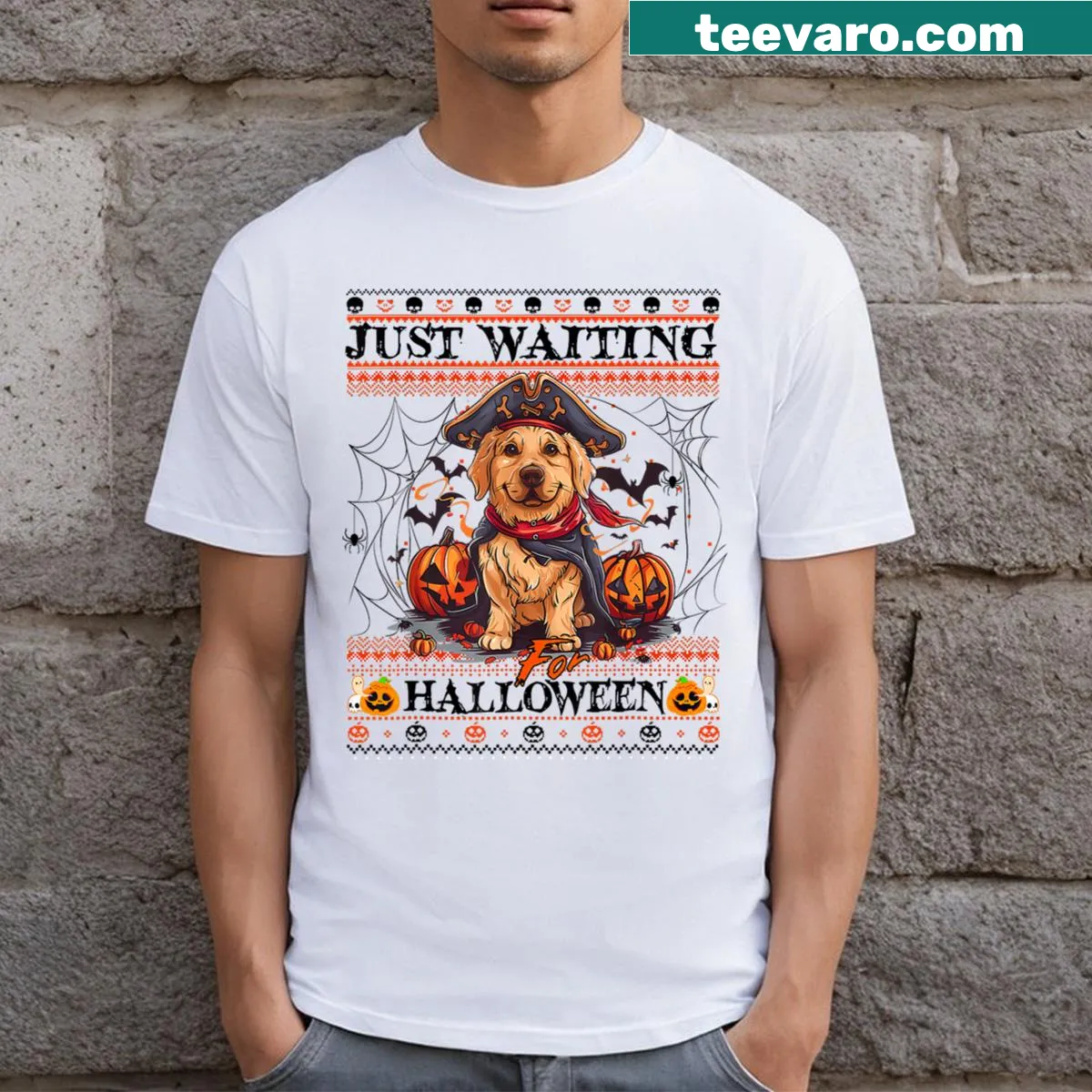 Golden retriever in pirate costume on Halloween t-shirt — on a men's t-shirt