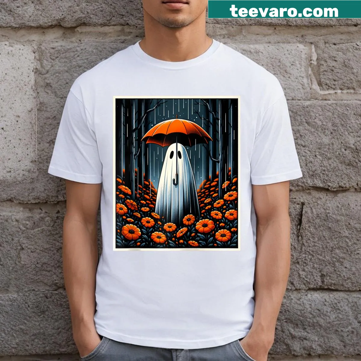 Vintage floral ghost Halloween tee in raglan style — on a men's t-shirt