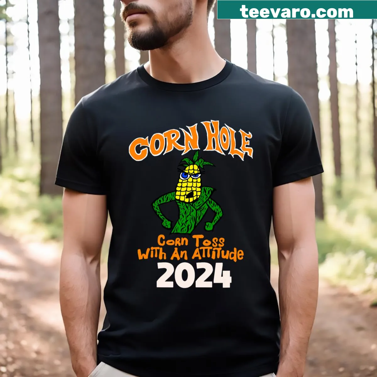 T-shirt with cornhole illustration and '2024' text — on a men's t-shirt