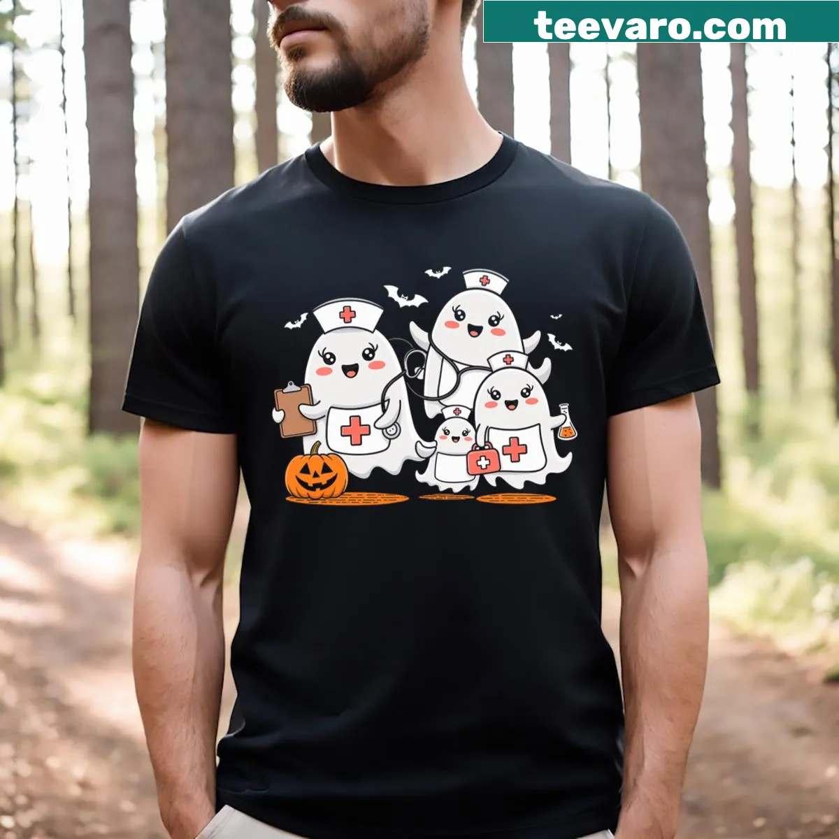 Funny Halloween t-shirt with ghost in nurse scrubs — on a men's t-shirt
