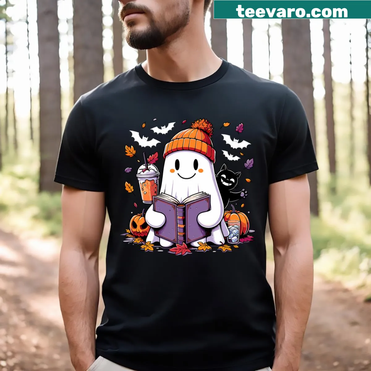 Whimsical Halloween T-shirt with ghost reading books for teachers — on a men's t-shirt